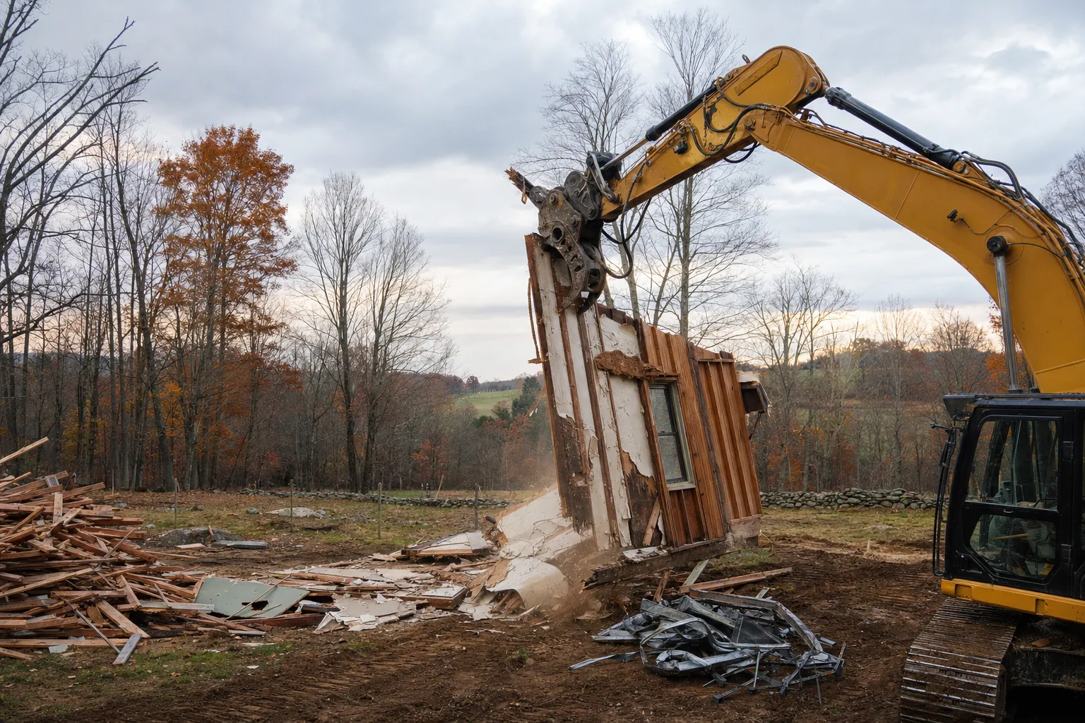 Excavator with a demolition thumb taking down a wood-frame structure with debris sorted for hauling
