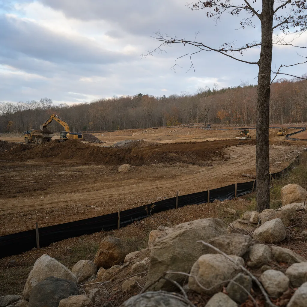 Commercial excavation site with multiple machines cutting a wide building pad and silt fence at the perimeter