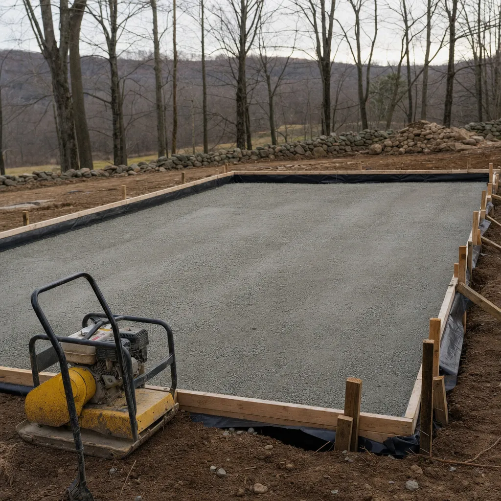 Compacted stone base with squared forms staked and ready for a concrete slab pour