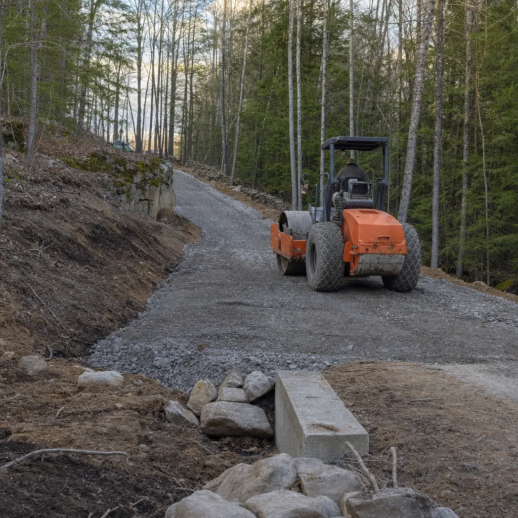 New rural driveway with a processed stone base being spread and compacted, crowned to shed water