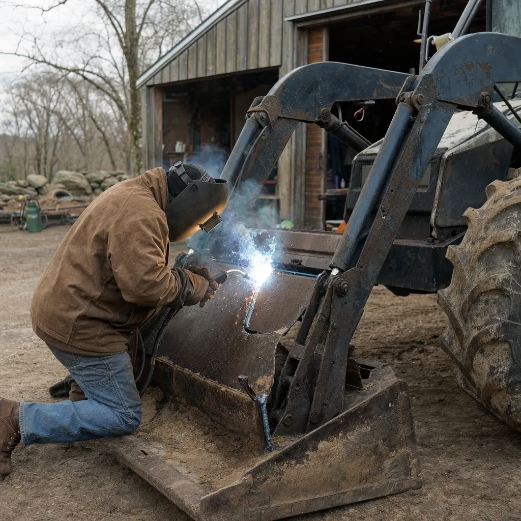 Welder repairing a cracked tractor loader arm in a farm yard
