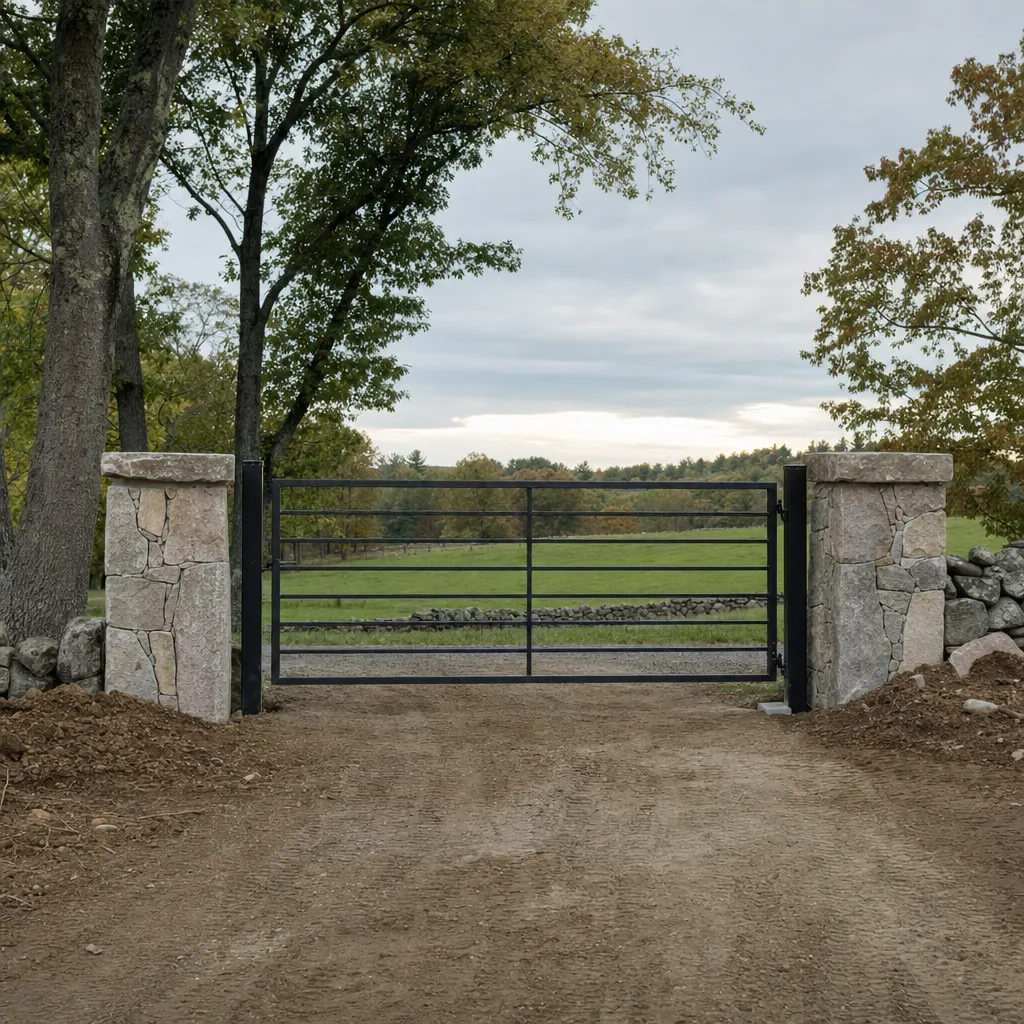 Custom fabricated steel farm gate hung between stone pillars at a driveway entrance