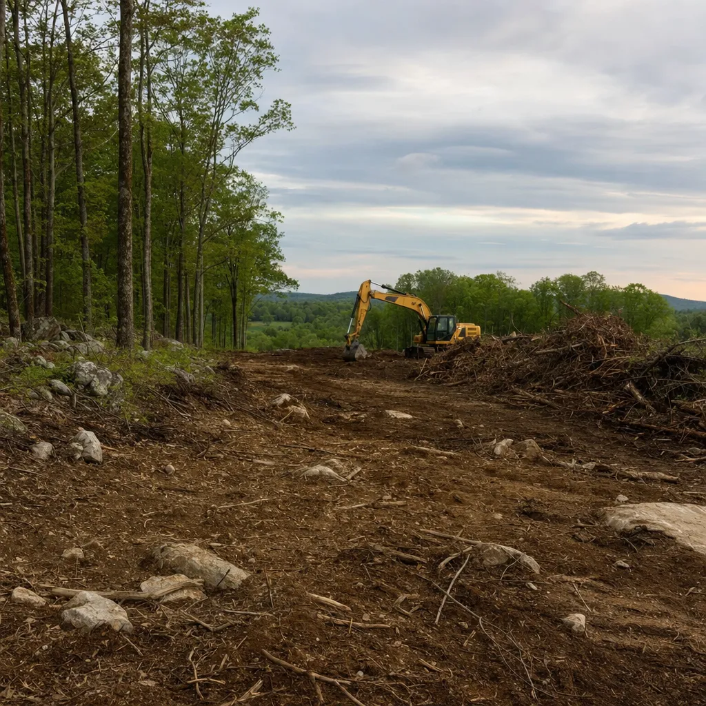 Wooded lot cleared for a house site with brush windrowed and standing trees left at the property edge