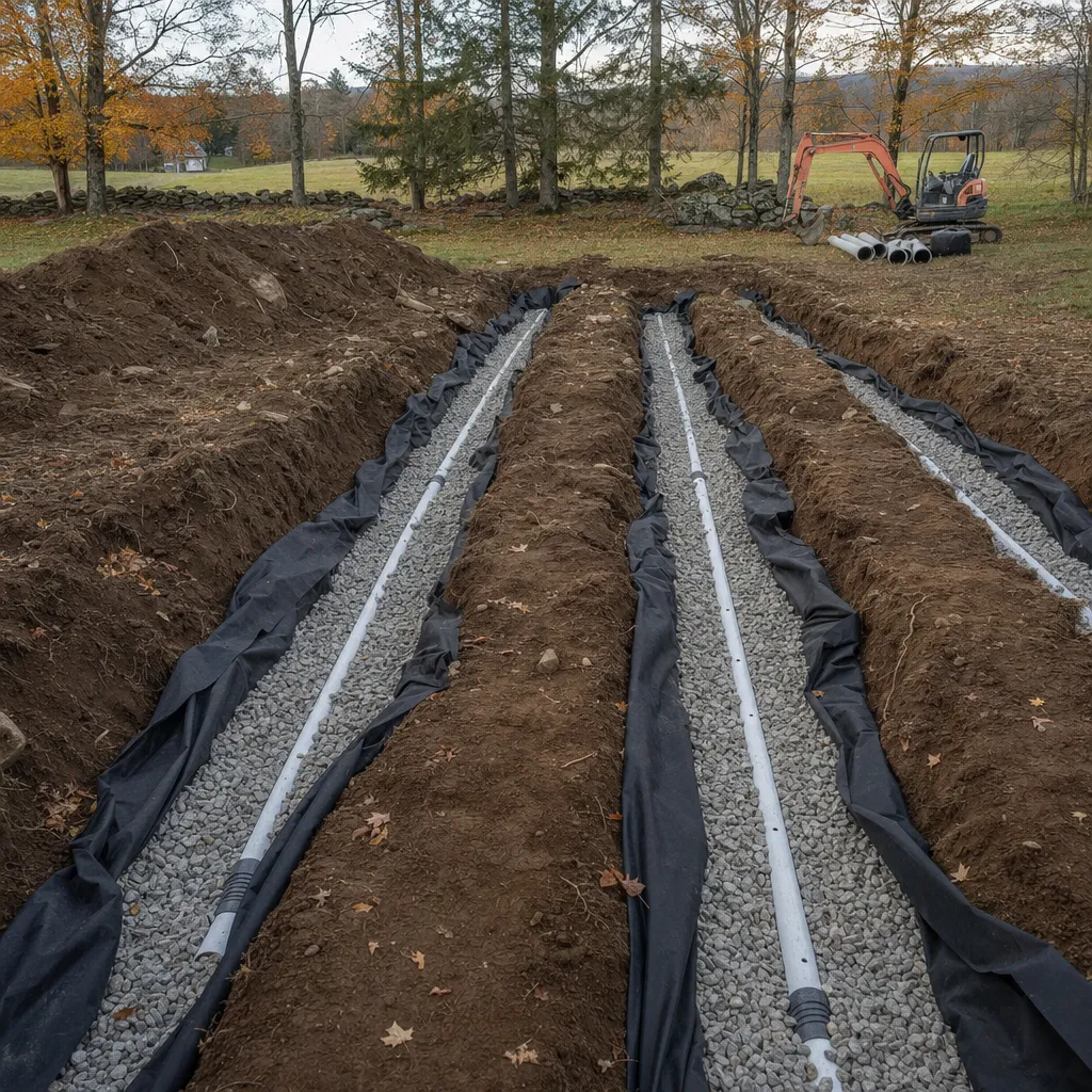Open leach field trenches with perforated pipe bedded in washed stone ready for filter fabric