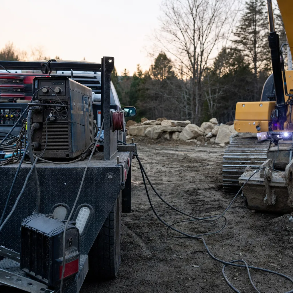 Truck-mounted mobile welding rig with leads run out to an equipment repair at a remote job site