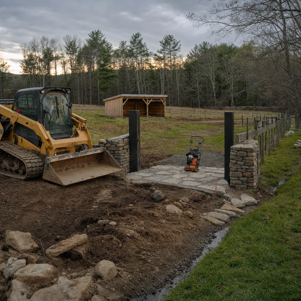 Horse paddock regraded with a stone gate area and water shedding to a grassed swale