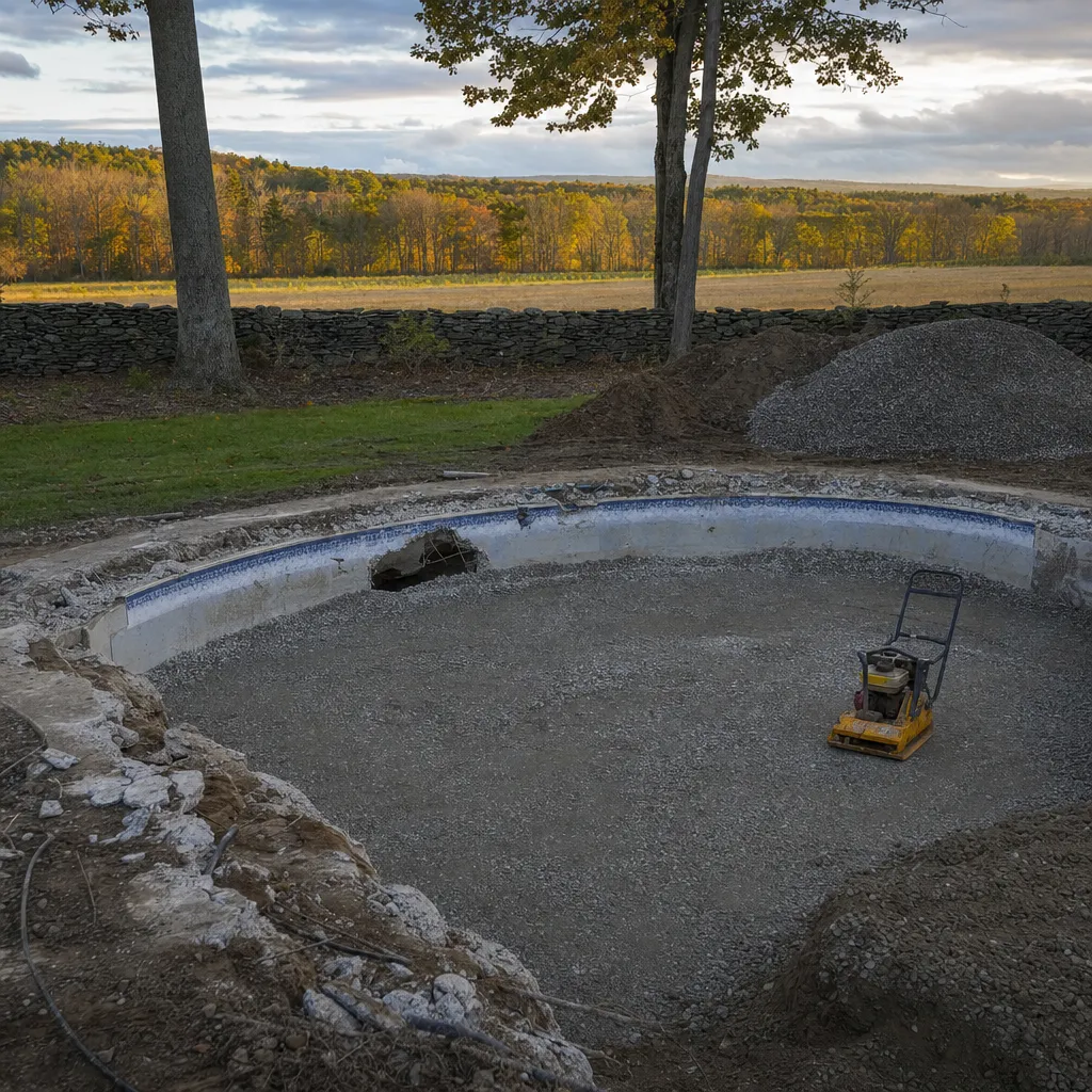 Old in-ground pool demolished and being backfilled in compacted lifts of structural fill