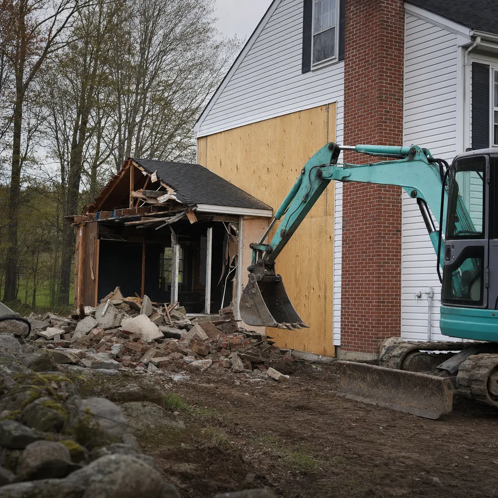 Selective demolition of an attached garage with a clean cut line and the main house left intact