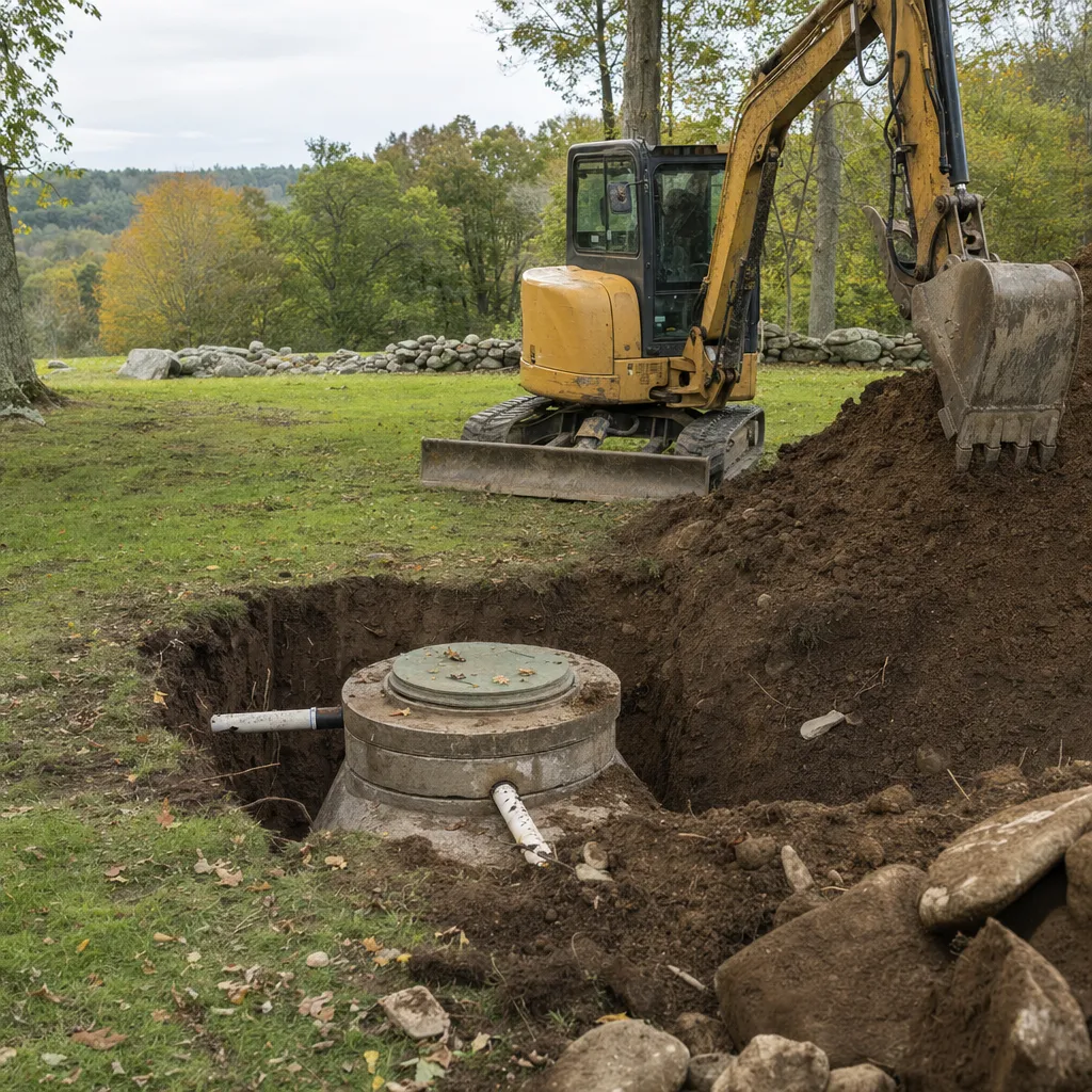 Targeted septic repair excavation exposing a tank lid and inlet baffle in a back lawn