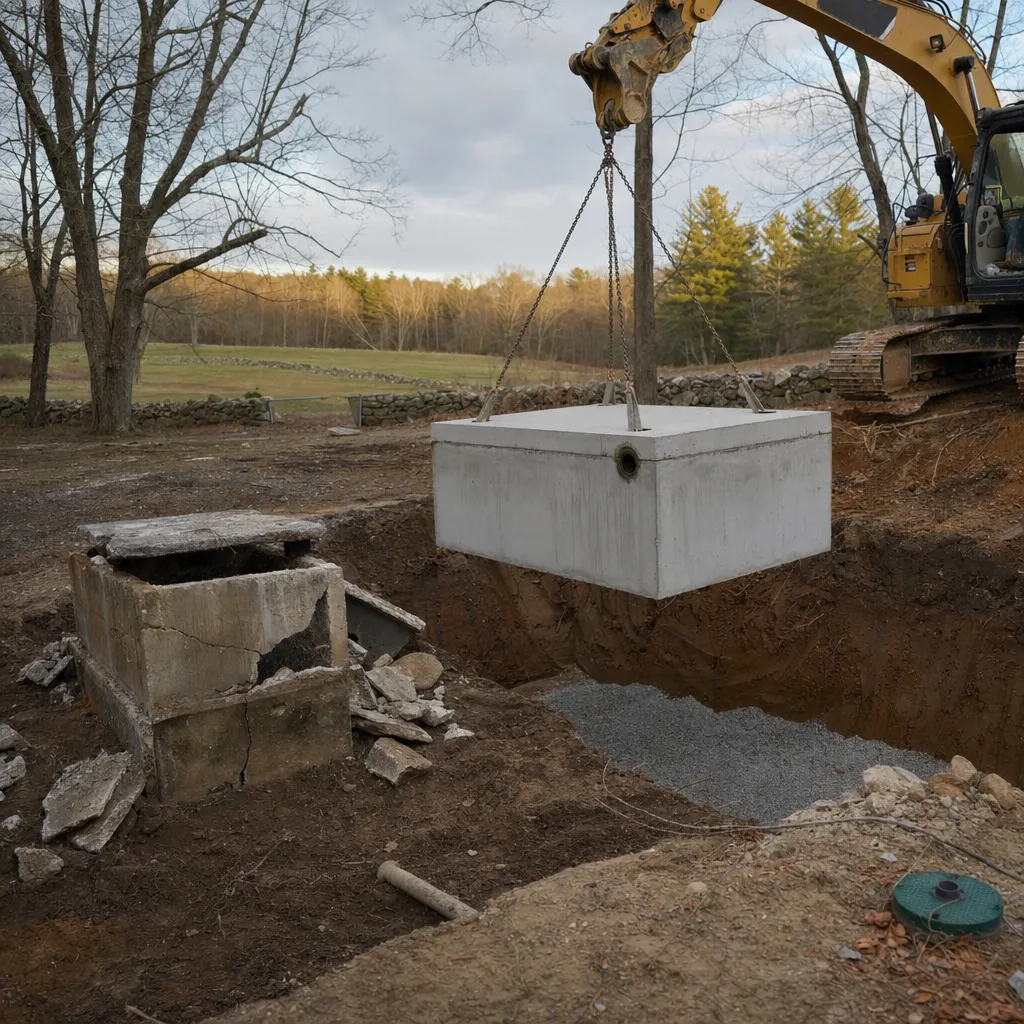 Old concrete septic tank removed and a new tank being lowered into place on fresh stone