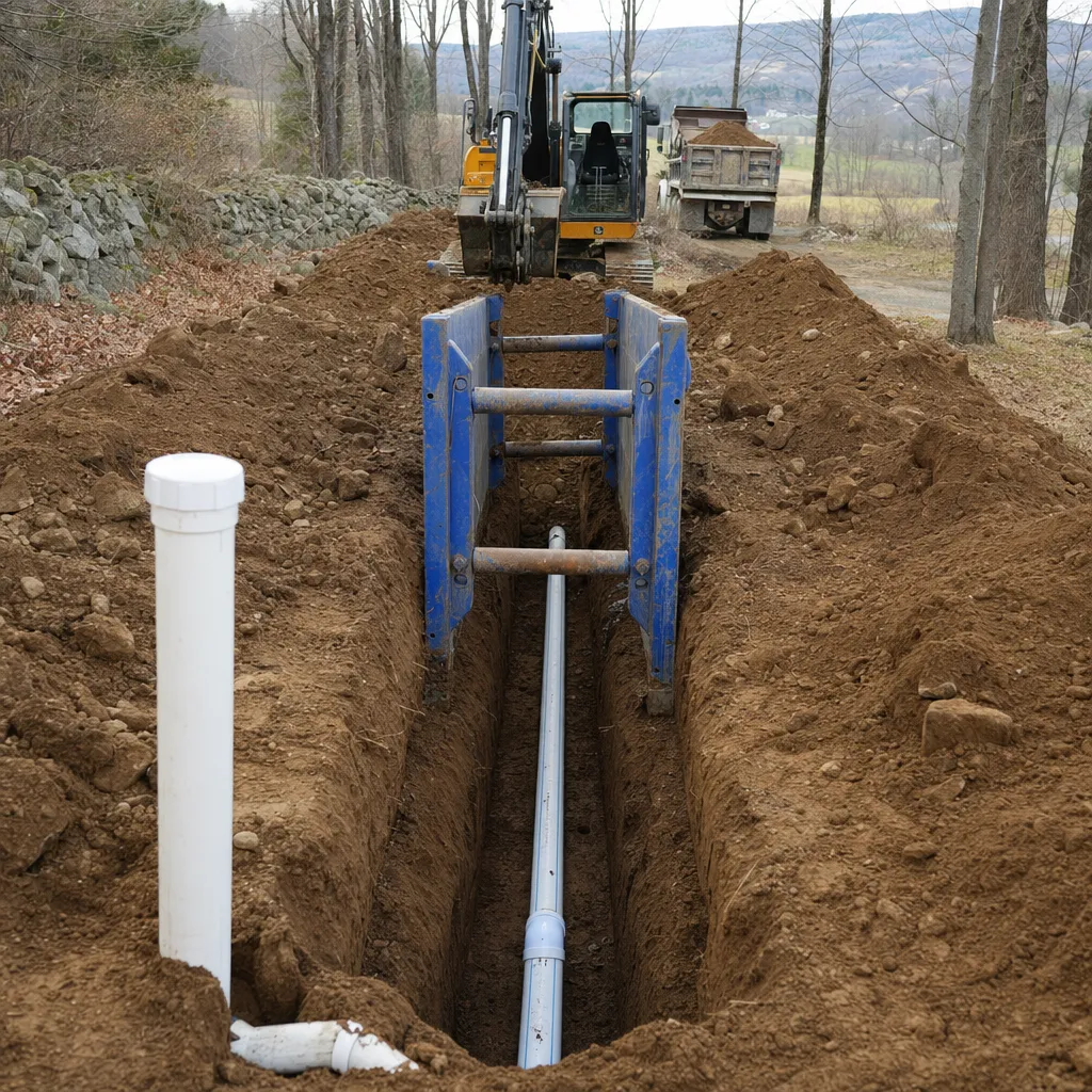 New sewer lateral on laser-set pitch in a deep open trench with a trench box in the cut