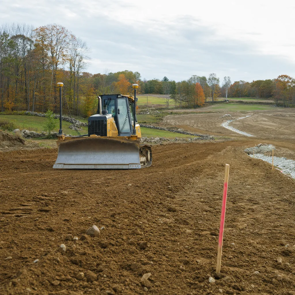 Dozer with a GPS mast finish-grading a site to a consistent slope running toward a drainage swale