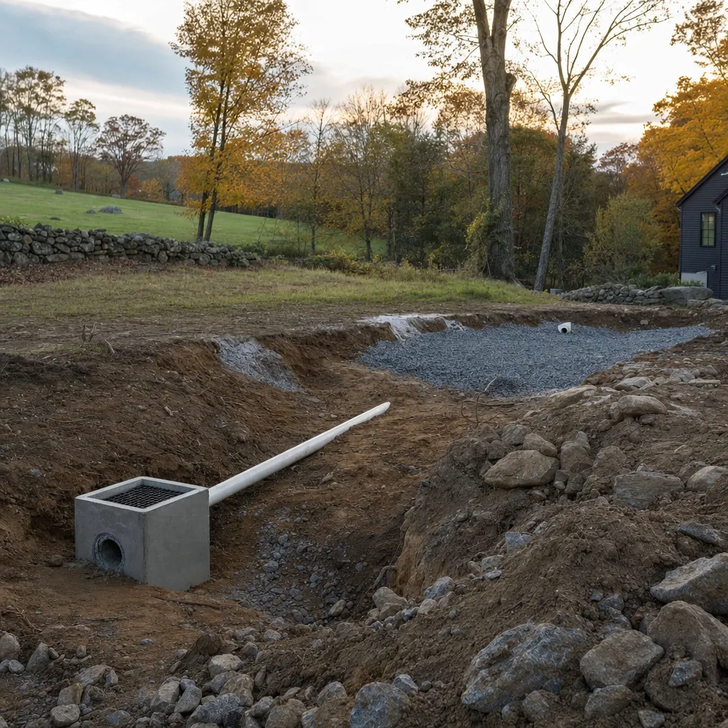 Storm drainage installation with a catch basin and pipe running to a stone infiltration bed