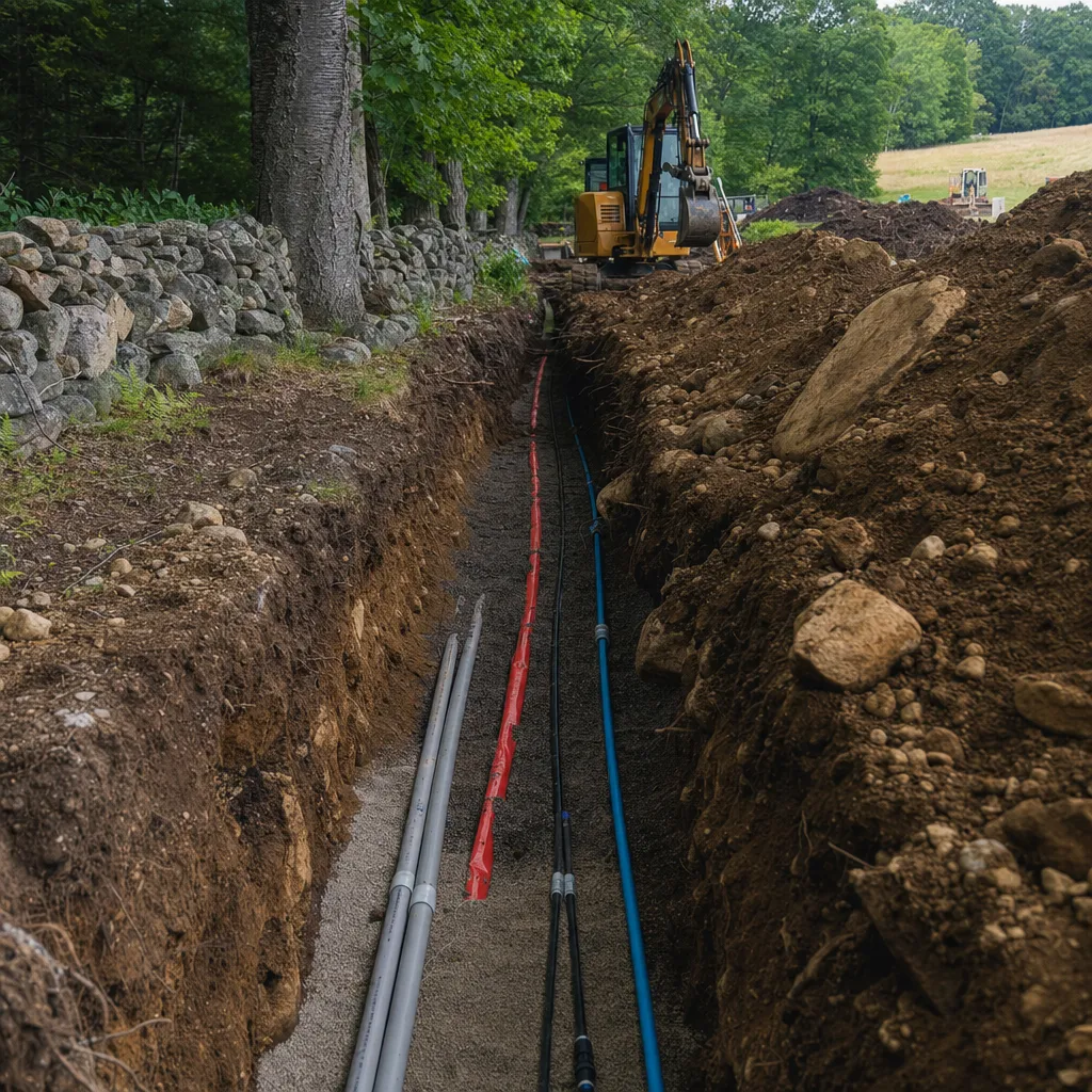 Open utility trench with electric conduit, water, and communications lines separated at proper depths