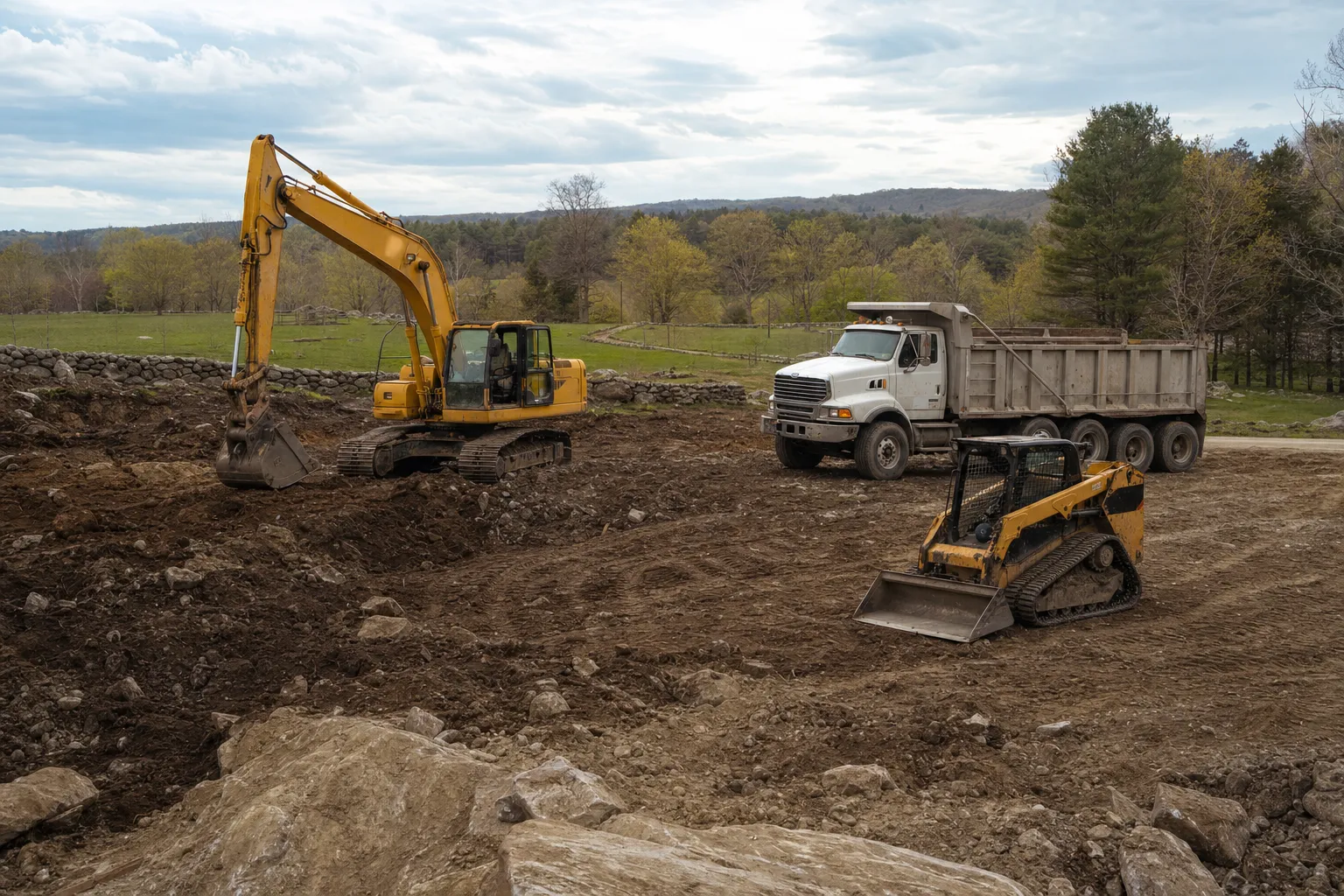 Excavation crew and equipment working on a job site in Canterbury, Connecticut