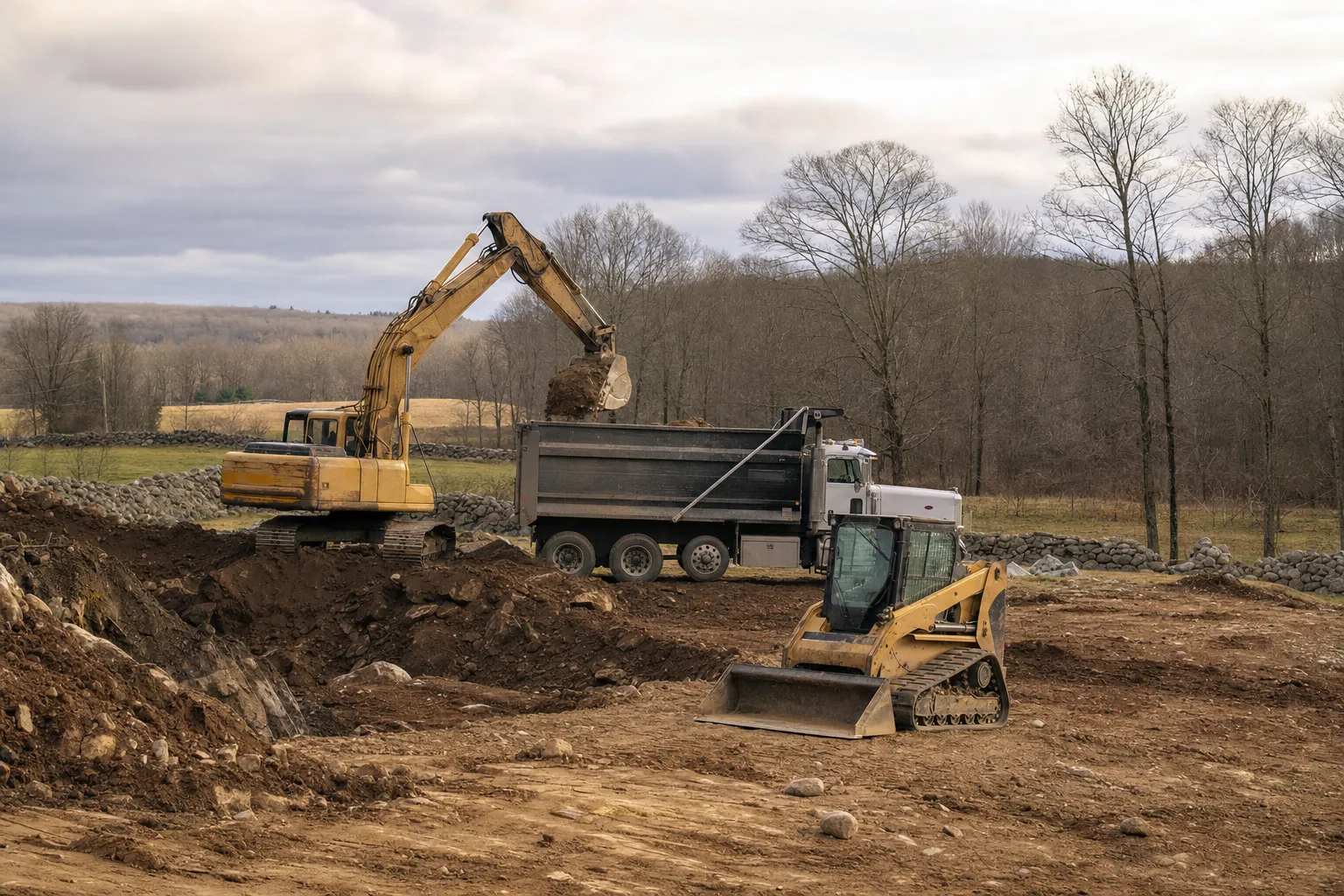 Excavation crew and equipment working on a job site in Chaplin, Connecticut