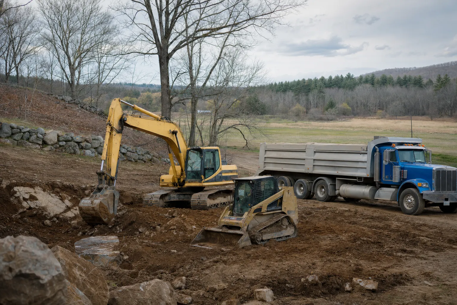 Excavation crew and equipment working on a job site in Griswold, Connecticut