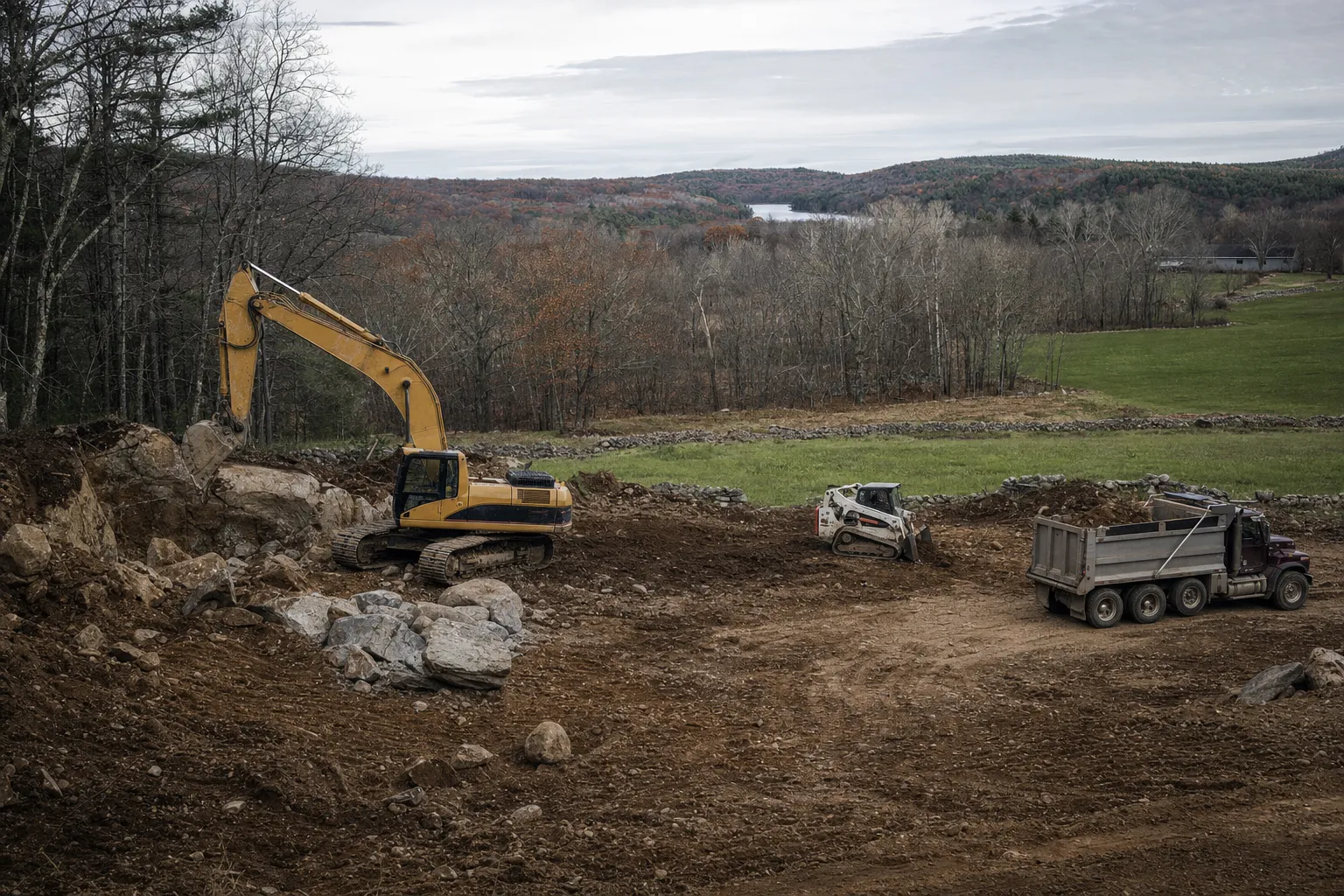Excavation crew and equipment working on a job site in Hampton, Connecticut