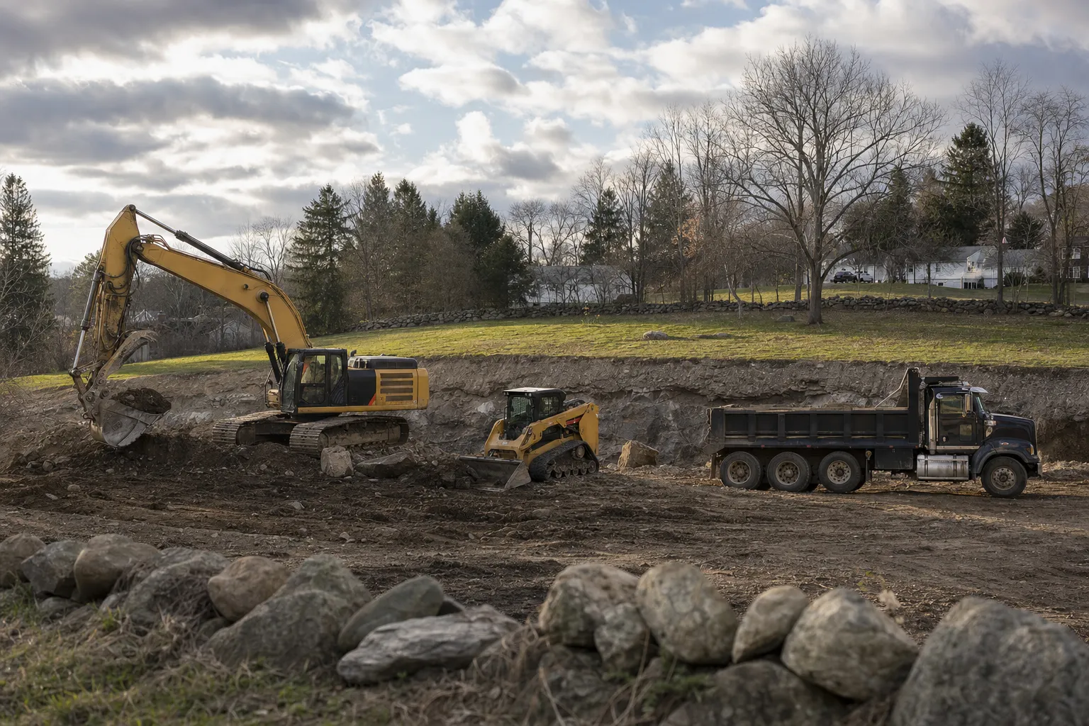 Excavation crew and equipment working on a job site in Killingly, Connecticut