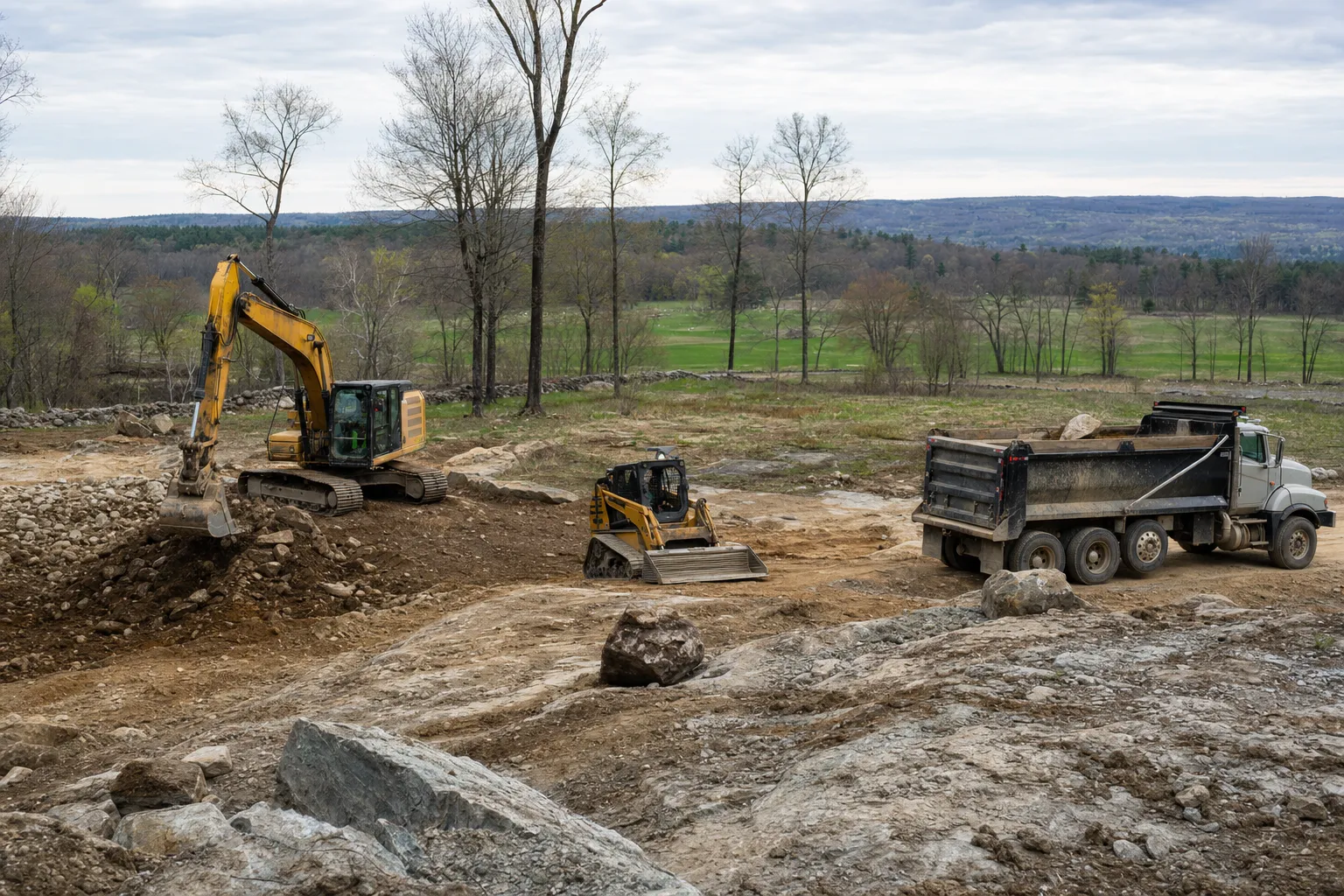Excavation crew and equipment working on a job site in Lisbon, Connecticut