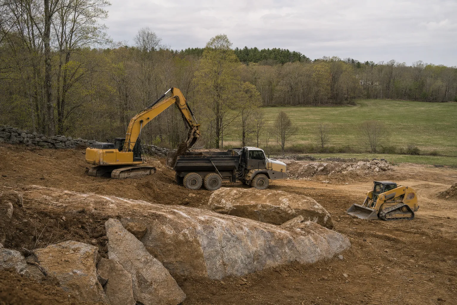 Excavation crew and equipment working on a job site in Putnam, Connecticut