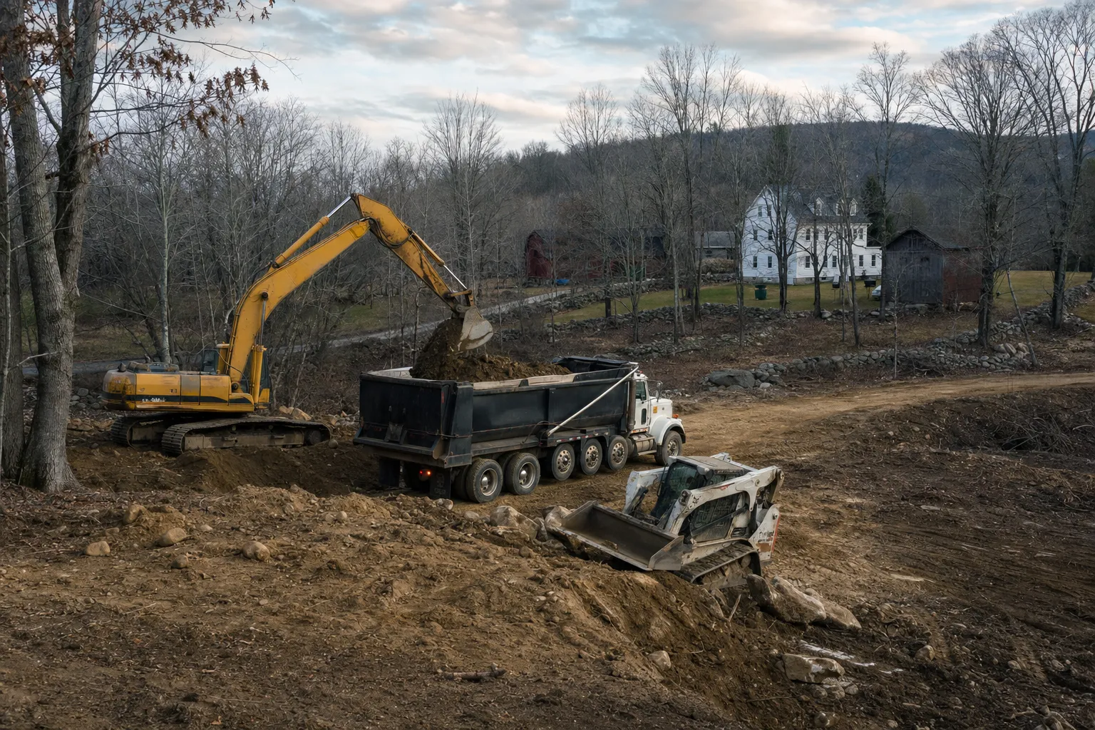 Excavation crew and equipment working on a job site in Scotland, Connecticut