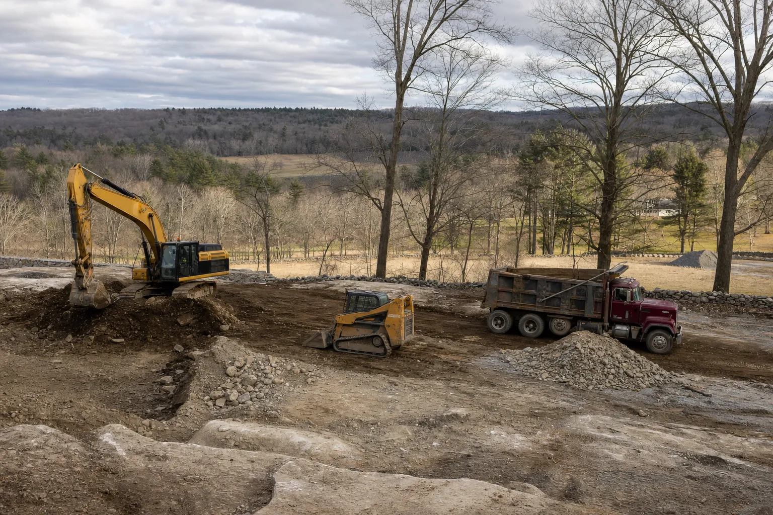 Excavation crew and equipment working on a job site in Sterling, Connecticut