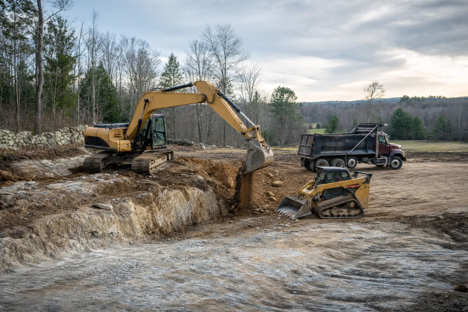 Excavation crew and equipment working on a job site in Voluntown, Connecticut